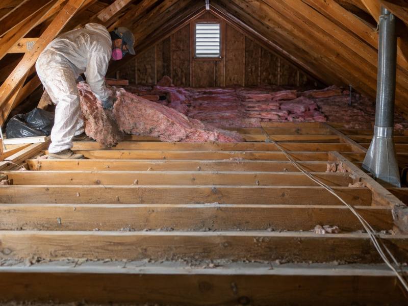 Worker in white coveralls bagging old pink batts in an attic with the joists cleared