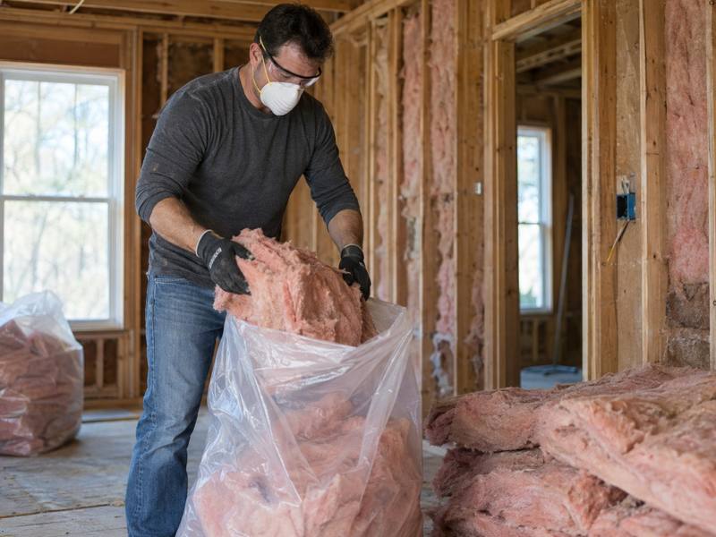 Worker bagging old fibreglass batts in a room below the attic