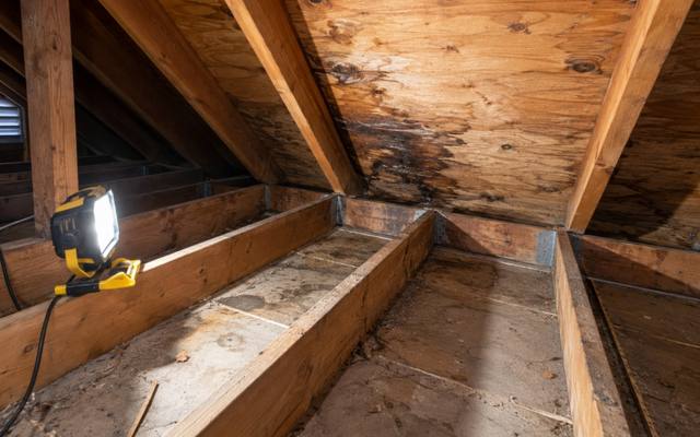 Cleared attic bays lit by a work light, with the top plates exposed for sealing