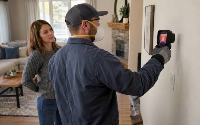 Technician checking a wall with a thermal camera while a homeowner watches
