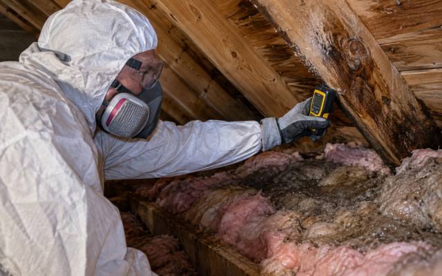 Worker checking damp, stained insulation under the roof with a moisture meter