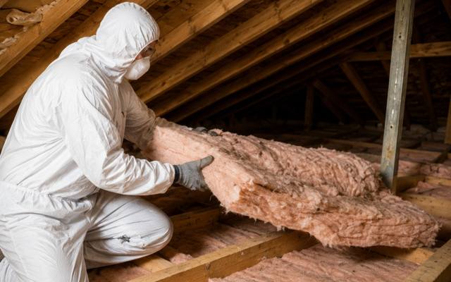 Worker in coveralls lifting an old pink batt out of an attic