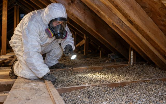 Inspector in a respirator looking at loose vermiculite fill with a flashlight