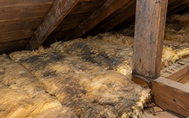 Old batts stained dark under the roof boards of a damp attic